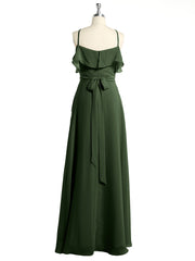 Y Neck Chiffon Dress with Ruffles Sleeves Olive Green