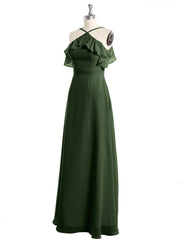 Y Neck Chiffon Dress with Ruffles Sleeves Olive Green