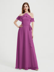 Y Neck Chiffon Dress with Ruffles Sleeves Orchid