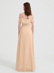 Y Neck Chiffon Dress with Ruffles Sleeves Peach