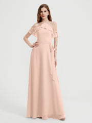Y Neck Chiffon Dress with Ruffles Sleeves Pearl Pink