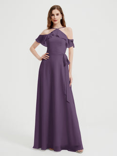 Y Neck Chiffon Dress with Ruffles Sleeves Plum