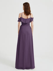 Y Neck Chiffon Dress with Ruffles Sleeves Plum