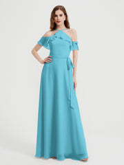 Y Neck Chiffon Dress with Ruffles Sleeves Pool