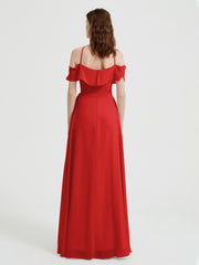 Y Neck Chiffon Dress with Ruffles Sleeves Red