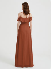 Y Neck Chiffon Dress with Ruffles Sleeves Rust