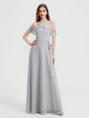Y Neck Chiffon Dress with Ruffles Sleeves Silver