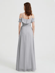 Y Neck Chiffon Dress with Ruffles Sleeves Silver