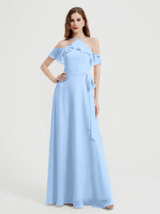 Y Neck Chiffon Dress with Ruffles Sleeves Sky Blue
