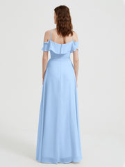 Y Neck Chiffon Dress with Ruffles Sleeves Sky Blue