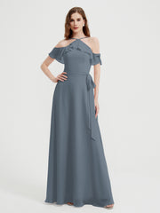 Y Neck Chiffon Dress with Ruffles Sleeves Slate Blue