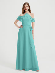Y Neck Chiffon Dress with Ruffles Sleeves Spa