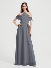 Y Neck Chiffon Dress with Ruffles Sleeves Steel Grey