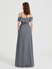 Y Neck Chiffon Dress with Ruffles Sleeves Steel Grey