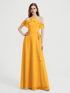 Y Neck Chiffon Dress with Ruffles Sleeves Tangerine