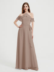 Y Neck Chiffon Dress with Ruffles Sleeves Taupe