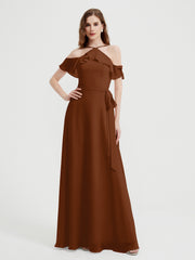 Y Neck Chiffon Dress with Ruffles Sleeves Terracotta