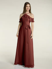 Y Neck Chiffon Dress with Ruffles Sleeves Terracotta