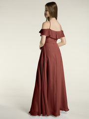 Y Neck Chiffon Dress with Ruffles Sleeves Terracotta