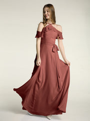 Y Neck Chiffon Dress with Ruffles Sleeves Terracotta