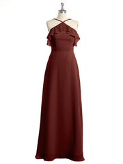 Y Neck Chiffon Dress with Ruffles Sleeves Terracotta