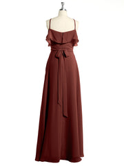 Y Neck Chiffon Dress with Ruffles Sleeves Terracotta