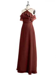 Y Neck Chiffon Dress with Ruffles Sleeves Terracotta