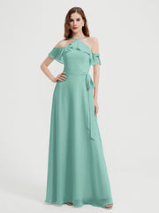 Y Neck Chiffon Dress with Ruffles Sleeves Turquoise