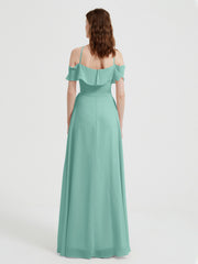 Y Neck Chiffon Dress with Ruffles Sleeves Turquoise