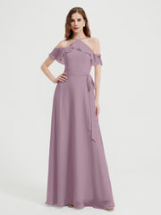 Y Neck Chiffon Dress with Ruffles Sleeves Vintage Mauve