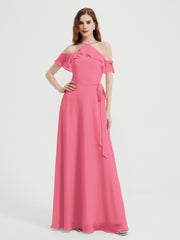 Y Neck Chiffon Dress with Ruffles Sleeves Watermelon