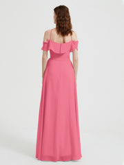 Y Neck Chiffon Dress with Ruffles Sleeves Watermelon