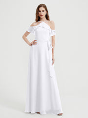 Y Neck Chiffon Dress with Ruffles Sleeves White