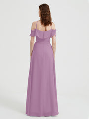Y Neck Chiffon Dress with Ruffles Sleeves Wisteria