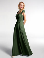 Lace Bodice Chiffon Skirt Cap Sleeves Dress Olive Green