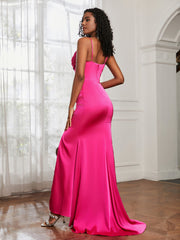Cowl Neck Mermaid Satin Prom Dress Fuchsia Plus Size
