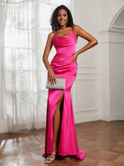 Cowl Neck Mermaid Satin Prom Dress Fuchsia Plus Size