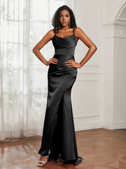 Cowl Neck Mermaid Satin Prom Dress Black Plus Size