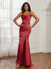 Cowl Neck Mermaid Satin Prom Dress Burgundy Plus Size