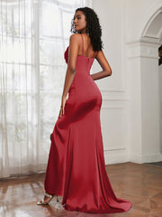 Cowl Neck Mermaid Satin Prom Dress Burgundy Plus Size