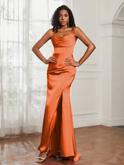 Cowl Neck Mermaid Satin Prom Dress Burnt Orange Plus Size
