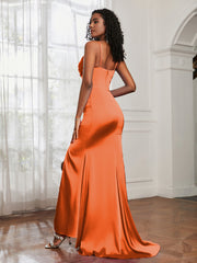 Cowl Neck Mermaid Satin Prom Dress Burnt Orange Plus Size
