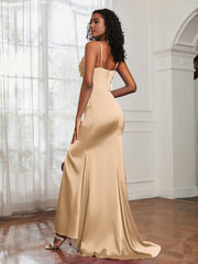 Cowl Neck Mermaid Satin Prom Dress Champagne