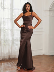 Cowl Neck Mermaid Satin Prom Dress Chocolate Plus Size