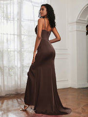 Cowl Neck Mermaid Satin Prom Dress Chocolate Plus Size