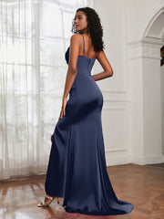Cowl Neck Mermaid Satin Prom Dress Dark Navy
