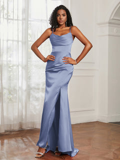 Cowl Neck Mermaid Satin Prom Dress Dusty Blue