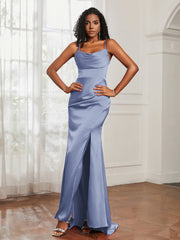 Cowl Neck Mermaid Satin Prom Dress Dusty Blue Plus Size