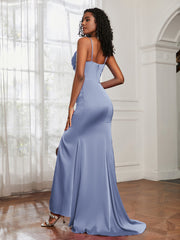 Cowl Neck Mermaid Satin Prom Dress Dusty Blue