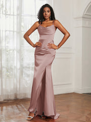 Cowl Neck Mermaid Satin Prom Dress Dusty Rose Plus Size